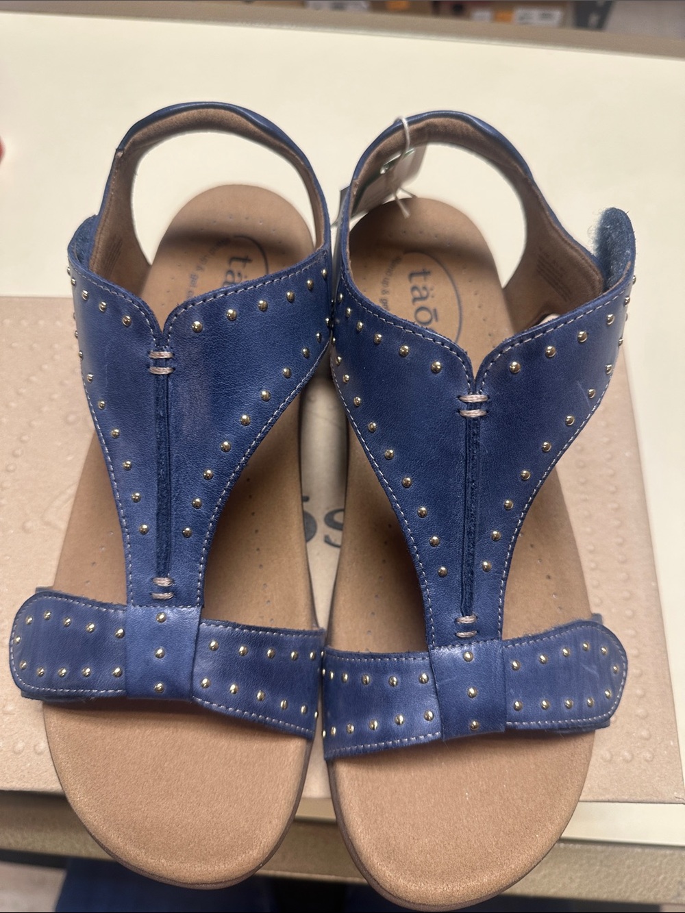 Taos Show Stopper Dark Blue Studded T-strap Slingback Sandals - Picture 2 of 9